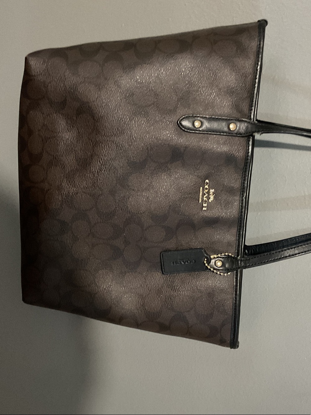 Coach Dark Brown Signature Tote with Black Trim